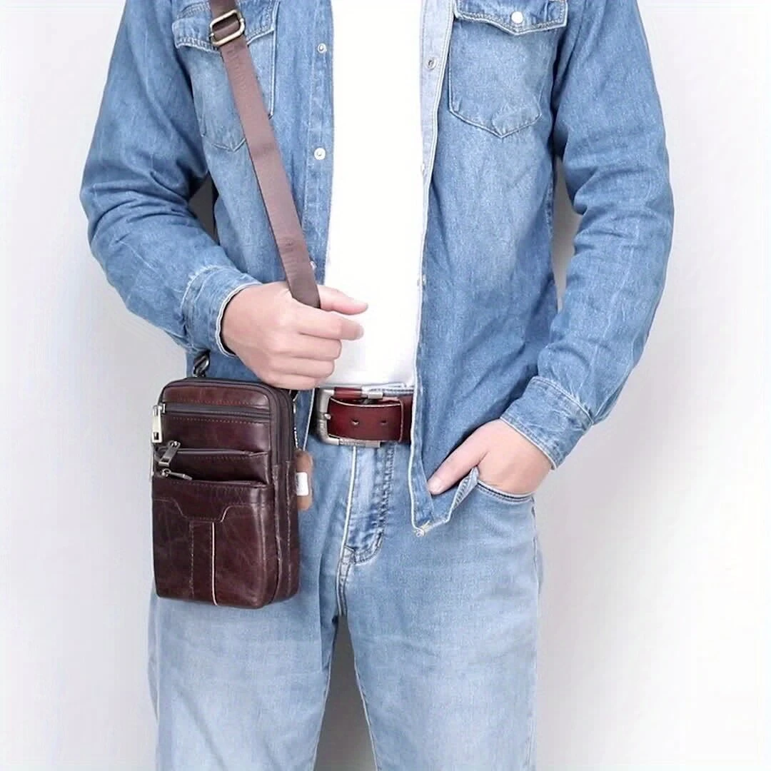 (image for) Ekphero Men's Genuine Leather Crossbody Bag with Zipper Mobile Phone Shoulder Bag Small Travel Waist Bag Multi-Pockets Male Belt Waist Packs